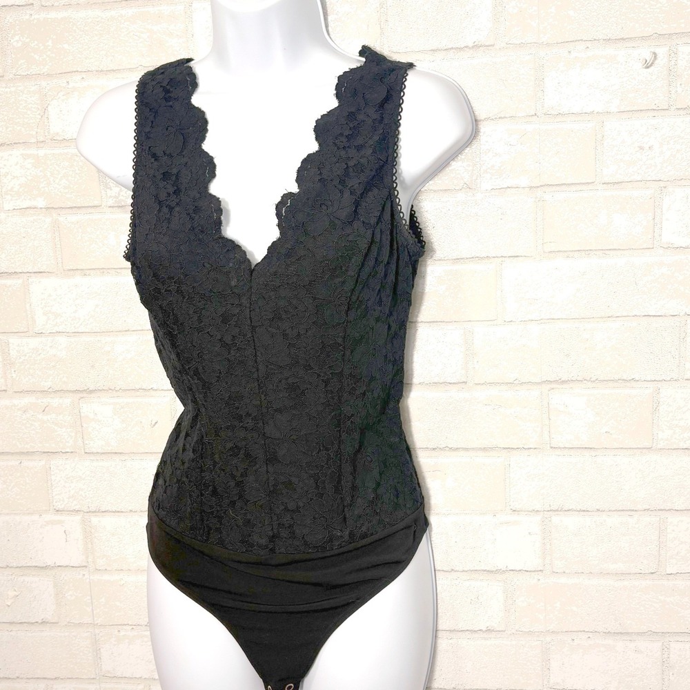 Express Black Lace Bodysuit Small Scalloped V Neck Dark Romantic Vamp Rave Goth